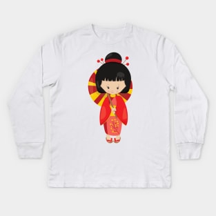 Japanese Girl, Japan, Cute Girl, Red Kimono Kids Long Sleeve T-Shirt